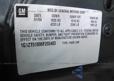 2006 Chevrolet Malibu Lt из США, поврежденный, VIN 1G1ZT51896F203483